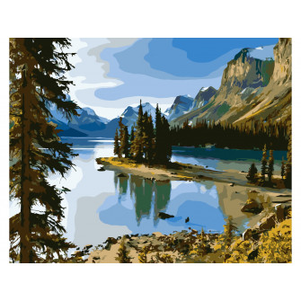 Холст с красками для рисования 40х50 см по номерам(24цв) Хвойный лес и озеро с горами (Арт. ХК-6234)