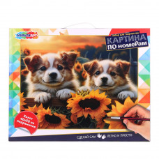 Холст по номерам 40*50 см собачки и подсолнухи МУЛЬТИ АРТ CANV40X50-115349   