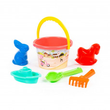 Набор №251: ведро среднее с наклейкой, совок №2, грабельки №2, формочки (заяц+лошадка), кораблик Юнга 
