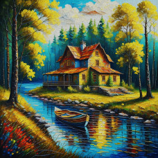 Холст с красками 40х40 см по номерам (в коробке) (30 цв.) Хижина в лесу (арт. Х-5639)