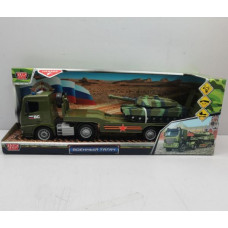 Модель пластик свет-звук ТЯГАЧ С ТАНКОМ 38 см, подвиж. дет., инерц., кор. Технопарк 1915752-R